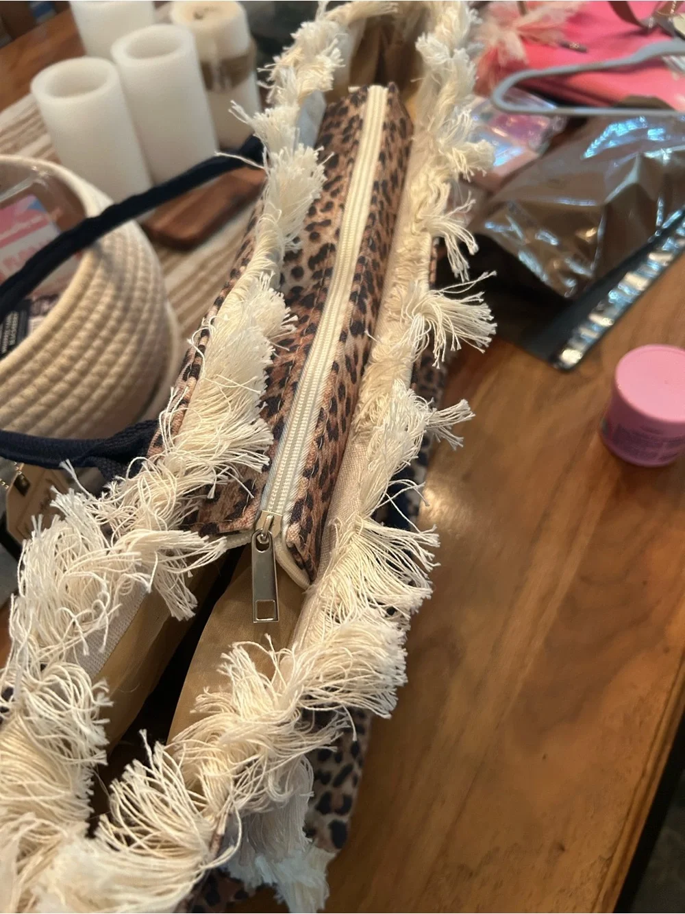 Lucky7 Brand Leopard Print Fringe Tote Bag in Brown